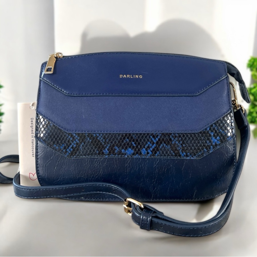 Darling Serpent Navy Blue Crossbody Bag with Python Design With Gold Accent New